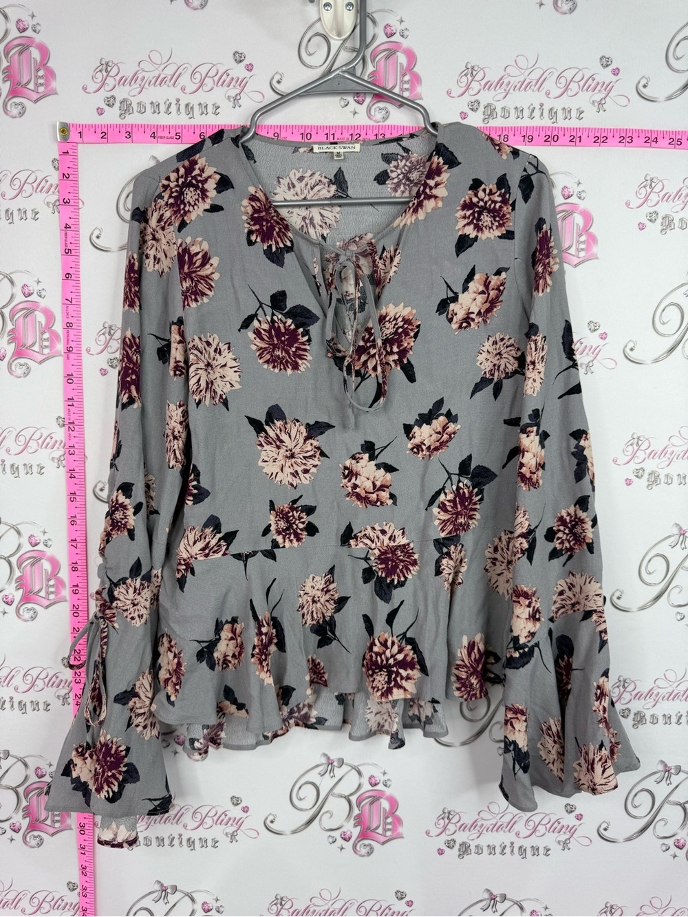 Black Swan blouse grey Floral Tie-Neck Ruffle Hem Blouse